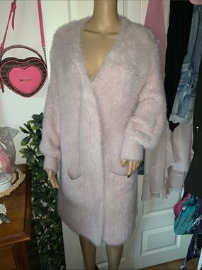 Pink fluffy furry faux angora fur wrap sweater cardigan coat L